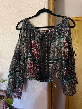 Lulumari Black Off-Shoulder Blouse with Pink & Green Accents